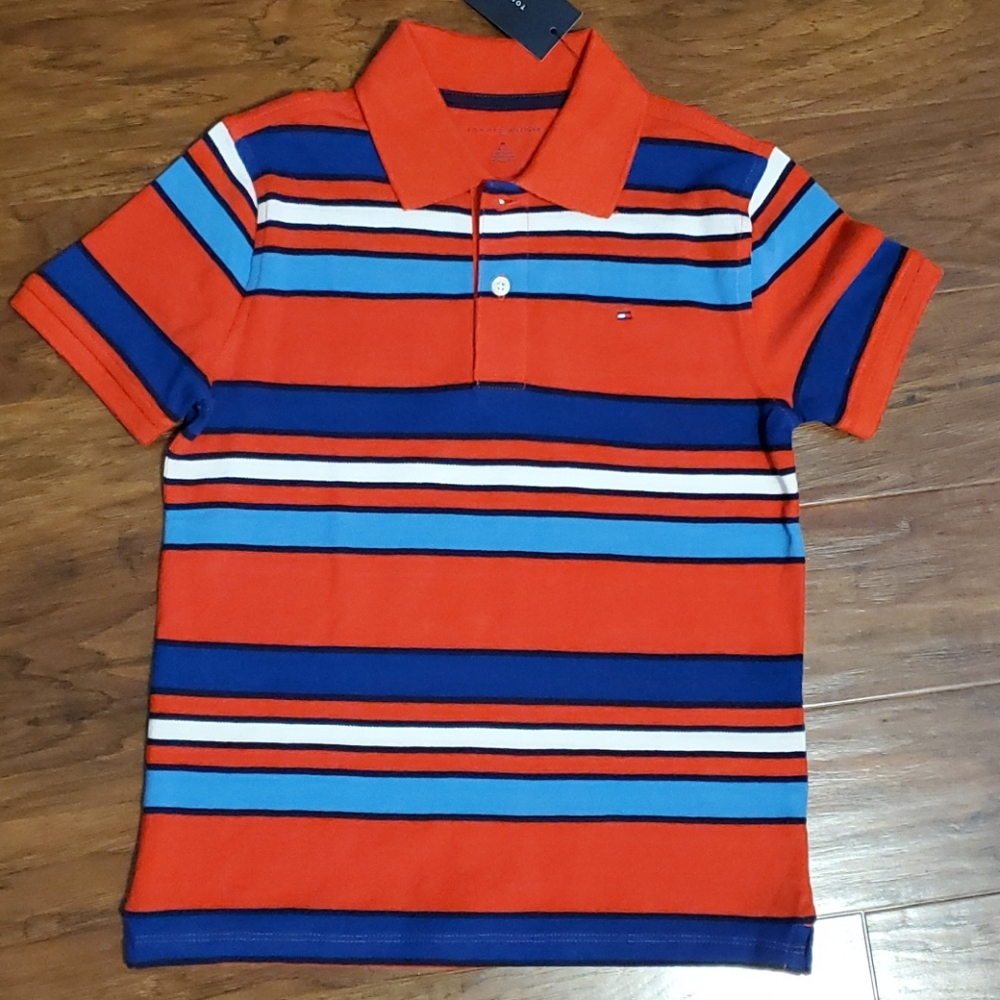 Tommy Hilfiger stripes polo red blue short sleeves boys Medium